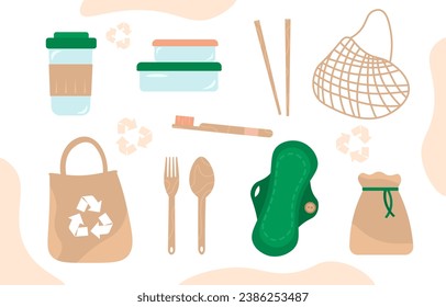 Zero waste set. Recycling and reuse. Care about nature and ecosystem. Menstrual pad, string bag and wooden sticks. Organic containers. Cartoon flat vector collection isolated on white background