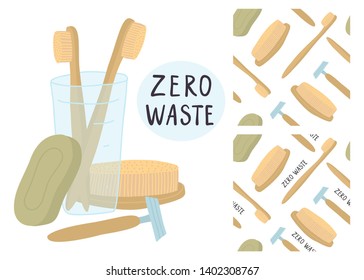 Zero waste set. Seamless patterns of bamboo toothbrushes, brash, safety razor, soap, lettering.