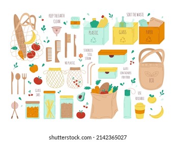 Zero waste. A set of substitute items in case of rejection of plastic. Wooden items. Recycling and sorting of garbage. Paper and reusable tableware. Glass jars. Vector flat illustrations