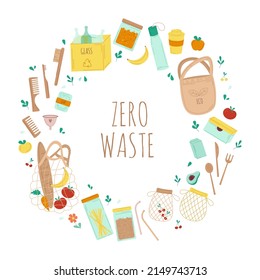 Zero waste. A set of substitute items in case of rejection of plastic. Wooden items. Recycling and sorting of garbage. Paper and reusable tableware. Glass jars. Flat illustrations.