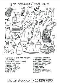 Zero Waste set in vector. Eco friendly relaited illustration with different objects and lettering. Set of items to avoid plastic in everyday life. Drawing on the theme of responsible consumption.