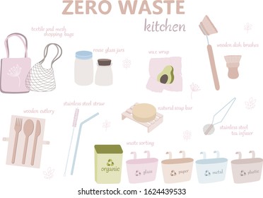 Zero waste set of vector objects that can be used on kitchen (shopping bags, straw, jars, ax wrap, dish brushes, sorting containers). Soft pastel colors, flat minimal style and lettering