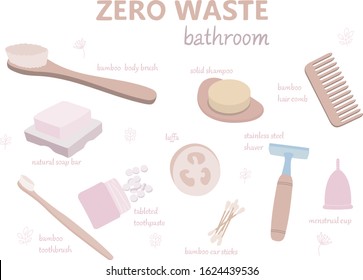 Zero waste set of vector objects that can be used in bathroom (bamboo brush, toothbrush, hair comb, ear sticks, metal shaver, bar of solid shampoo). Soft pastel colors, flat minimal style, lettering