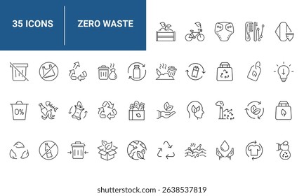 Zero Waste set of web icons in line style. A collection of eco linear icons, including recycling, waste management, composting, trash, pollution, landfill, composting, waste sorting. Editable stroke