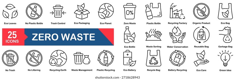 Zero Waste set of web icons in line style. vector illustration concept for reusing, eco, reuse, energy, zero, waste, plastic, green, stroke, bio, city, environment