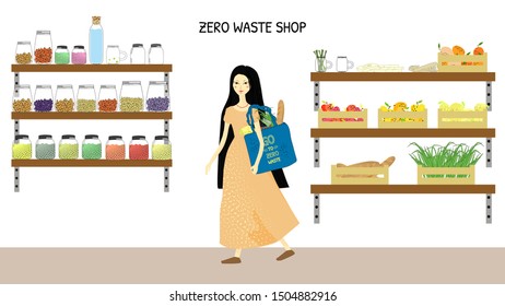 Zero waste shop and an Asian girl with a blue fabric eco shopping bag. No plastic bag. Shelves with fruits, glass jars, bamboo straws. Vector illustration.