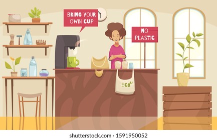 Zero waste shop background with organic bag bottle and comb symbols flat vector illustration
