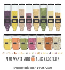 Zero waste shop. Bulk groceries store. Dispenser for bulk products without packaging. Set of seeds, beans, nuts, grains elements. No plastic. Hand drawn vector illustration isolated on white.