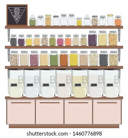 Zero waste shop. Bulk groceries store. Storage in glass jars for bulk products without packaging. Set of seeds, legumes, nuts, grains elements. No plastic. Hand drawn vector illustration.