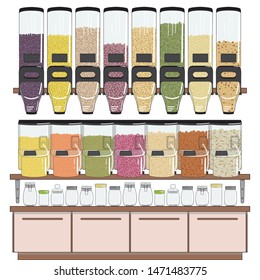 Zero waste shop. Bulk groceries store. Dispenser for bulk products without packaging. Set of seeds, beans, nuts, grains elements. No plastic. Hand drawn vector illustration isolated on white.