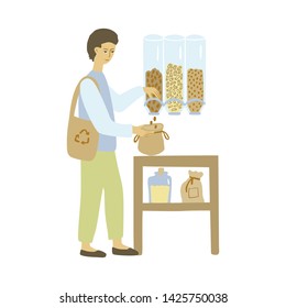 Zero waste shop. Man with a cloth shopping bag. Vector illustration.