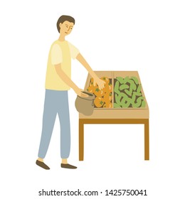 Zero waste shop. Man with a cloth bag. Vector illustration.