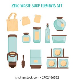 Zero waste shop set. Dispenser for bulk products, glass jar and textile bag. Sale of products by weight. Grocery store without plastic package. Vector illustration isolated on white.
