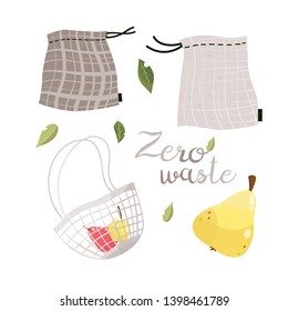 Zero waste shopping - life style vector. Tote bag, cotton, net bags. 