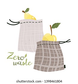 Zero waste shopping - life style vector. Tote bag, cotton, net bags. 