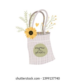 Zero waste shopping - life style vector. Tote bag, cotton, net bags. 