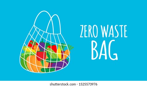 zero waste shopping mesh bag with organic fresh vegetables vector illustration