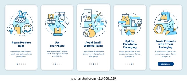 Cero residuos de compras a bordo de la pantalla de aplicaciones móviles. Reutilizar producir bolsas de bolsos recorriendo 5 pasos instrucciones gráficas editables con conceptos lineales. UI, UX, plantilla GUI. Multitud de tipos de letra Pro-Bold, con uso regular