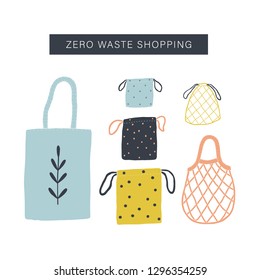 Zero Waste Shopping Toolkit Flat Lay. Tote Bag, Cotton, Net Bags. Vector Illustration