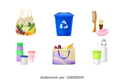 Zero Waste with Shopping Tote and Recycle Bin as Everyday Reused Object Vector Set