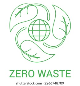 Zero waste sign Earth planet surrounded by curved green leaves line vector illustration. Ecology pollution protection recycling resource save biology environment organic eco friendly management emblem