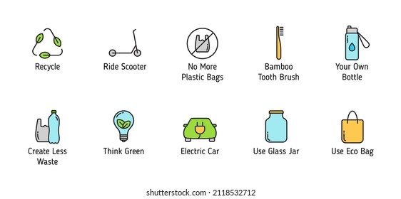 zero waste signs color filled vector icons isolated on white background. zero waste eco concept. recycle outline filled icons for web, mobile and ui