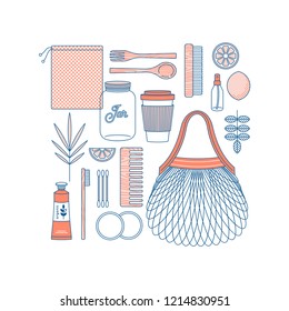 Zero waste start kit. Objects on white background. Bathroom and kitchen supplies. Zero waste shopping. Body care kit. Vector illustration