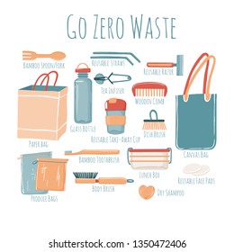 Zero Waste starter kit poster design including canvas bag water bottle wooden comb reusable cutlery lunch box and produce bags with caption text, vector illustration isolated on white background