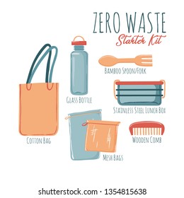 Zero Waste starter kit poster banner design including canvas bag water bottle wooden comb reusable cutlery lunch box produce bags with caption text. vector illustration isolated on white background.
