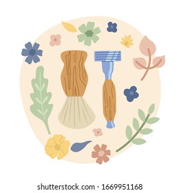 Zero waste. Steel razor with brush, for man on a floral background. Morning routine. Go green. Say no to plastic. Vector illustration.