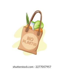 Zero waste sticker no plastic. Paper bag with groceries, vector illustration. Cartoon isolated canvas tote bag with reusable pouch from eco friendly material full of grocery products