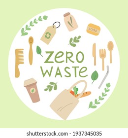 Colección de pegatinas de basura cero. 
Consumo razonable. Ilustración vectorial.