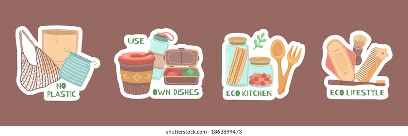 Zero waste stickers. Glass jar, eco kitchen elements. Paper fabric shopping bags and reusable coffee cup vector set