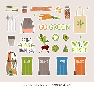 Zero waste stickers and lettering collection. Ecological lifestyle elements. No plastic. Go green, bring your own bag concept. Flat vector illustration.