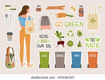 Zero waste stickers and lettering collection with woman. Ecological lifestyle elements. No plastic. Go green, bring your own bag concept. Flat vector illustration.