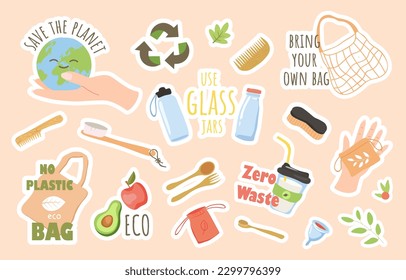 Zero waste stickers set. Save planet, dont use plastic. Recycling and reuse. Care of nature and environment. Eco friendly items. Cartoon flat vector illustrations isolated on beige background