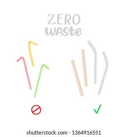 Zero Waste Straws, Bamboo, Metal And Plastic Straw, Vector Illustration, Isolated Elements On White Background 