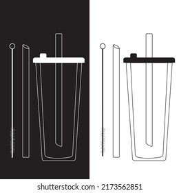Zero waste straws with glass. Concept of using durable and reusable natural eco items without plastic. Tube Cleaning Brush 
