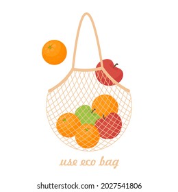 Zero waste string bag with apple and orange fruit. Eco life concept. Vector illustration in flat style, isolated on white background