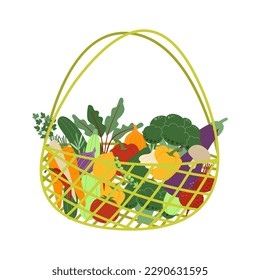 Zero waste string bags with fruits and vegetables.  Recycle bags. Be green. No plastic. No meat. Eco-friendly. Zero waste shopping. Environmental protection concept. Vector illustration.