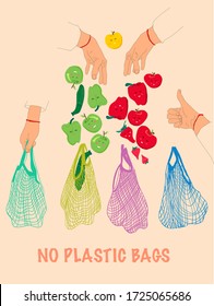 Zero waste string bags with  hand gectures and cute kawaii fruits and vegetables.Plastic free.Funny zuccini, apples,bell peppers.Recycle bags.Make right choice,be green.Hand drawn vector illustration.