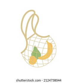 Zero waste string eco bag with fruits: an apple, a pear and a banana. Say no to plastic bags image concept. Environment protection. Plastic pollution prevention.