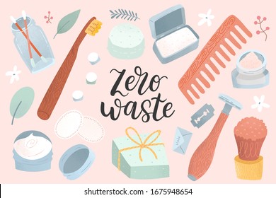 Zero waste supplies for personal hygie and skin, hair care, Natural soap, bamboo toothbrush, reusable cotton pads and ear buds, natural wooden brush. Sustainable lifestyle. 