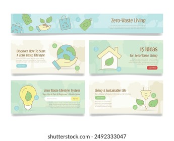 Zero waste sustainable lifestyle eco friendly go green landing page design template set vector flat illustration. Bio alternative renewable ecology planet safe banner contoured header web search