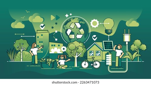 Zero waste or sustainable living as ecological lifestyle dark outline concept. Renewable resources consumption and effective alternative power usage vector illustration. Nature friendly thinking.