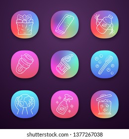 Zero waste swaps handmade app icons set. Eco friendly, sustainable products. Reusable coffee cup, eco shampoo, brush. UI/UX user interface. Web or mobile applications. Vector isolated illustrations
