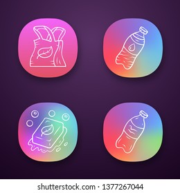Zero waste swaps handmade app icons set. Eco friendly, organic, products. Plastic and water bottle, eco soap, bag. UI/UX user interface. Web or mobile applications. Vector isolated illustrations