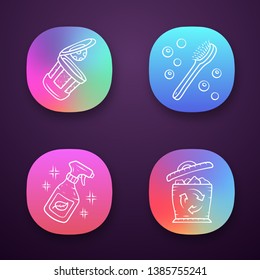 Zero waste swaps handmade app icons set. Eco friendly products. Eco cleaning products, reusable k-cup, bath brush. UI/UX user interface. Web or mobile applications. Vector isolated illustrations