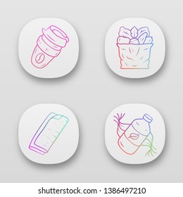 Zero waste swaps handmade app icons set. Eco friendly, recycle products. Reusable coffee cup, eco shampoo, cloth napkinsUI/UX user interface. Web or mobile applications. Vector isolated illustrations