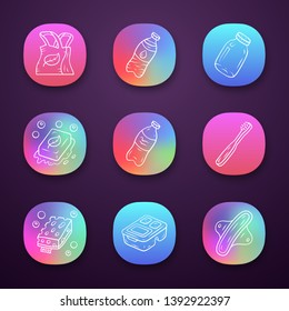 Zero waste swaps handmade app icons set. Eco friendly, reusable materials. Lunch box, eco sponges, plastic bottle. UI/UX user interface. Web or mobile applications. Vector isolated illustrations